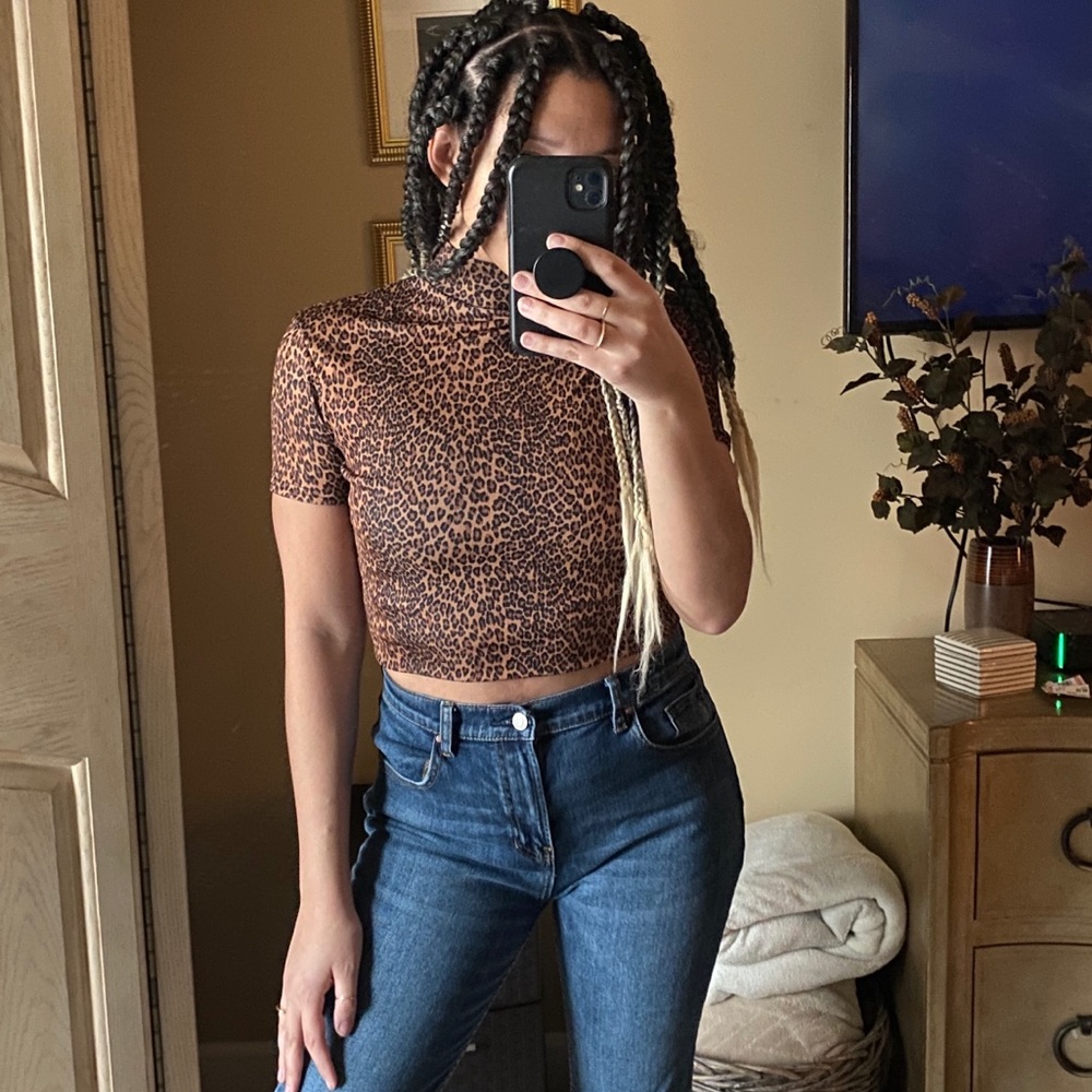 Express Animal Print Cheetah Mock Turtleneck Crop